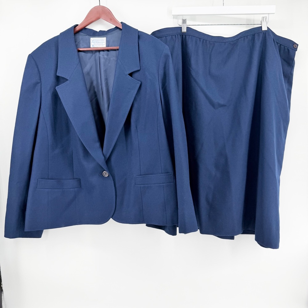 Vtg Pendleton Skirt Suit Set 26W Navy Blue Wool Blazer Pencil Skirt Professional